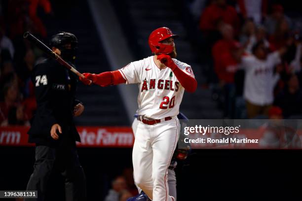 Jared Walsh of the Los Angeles Angels hits a three-run home run against the Tampa Bay Rays in the fourth inning at Angel Stadium of Anaheim on May...