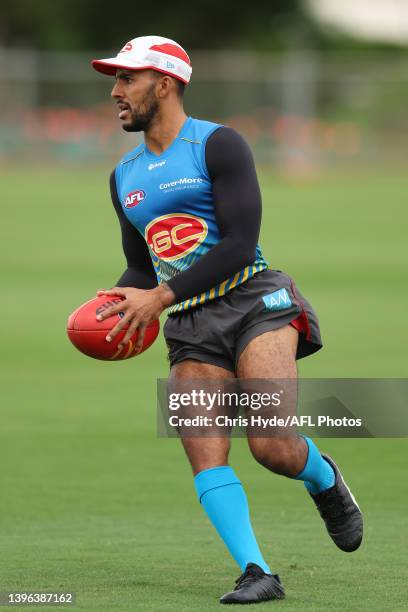 Touk Miller during a Gold Coast Suns AFL training session at Metricon Stadium on May 10, 2022 in Gold Coast, Australia.