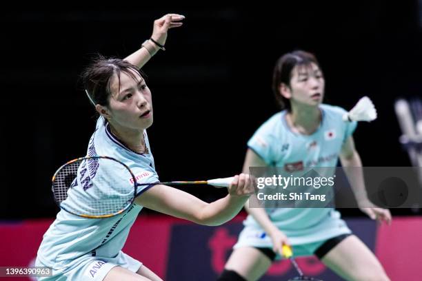 Yuki Fukushima and Sayaka Hirota of Japan compete in the Women's Doubles match against Vimala Heriau and Margot Lambert of France during day three of...