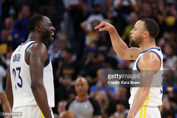 Stephen Curry and Draymond Green of the Golden State Warriors celebrate in the final minute of their victory over the Memphis Grizzlies in Game Four...