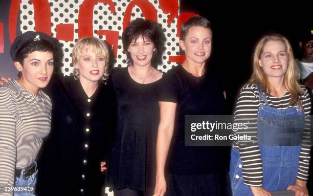 Musician Jane Wiedlin, musician Gina Shock, musician Kathy Valentine, musician Belinda Carlisle and musician Charlotte Caffey autograph copies of...