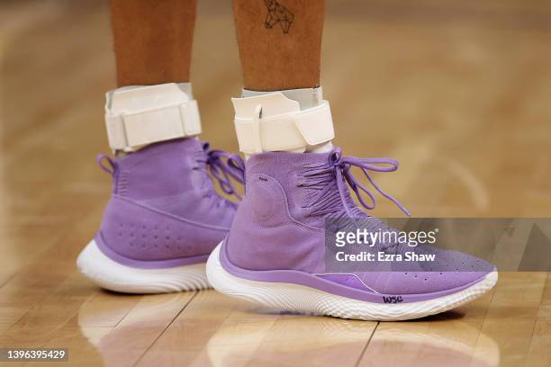 Close up of the Under Armour sneakers worn by Stephen Curry of the Golden State Warriors in the final quarter of their game against the Memphis...