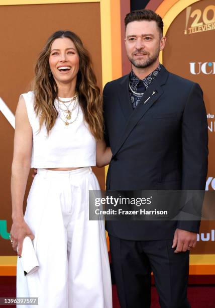 Jessica Biel and Justin Timberlake attend the Los Angeles Premiere FYC event for Hulu's "Candy" at El Capitan Theatre on May 09, 2022 in Los Angeles,...