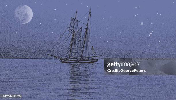 tall ship at night with moon and stars - brigantine stock illustrations