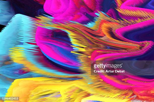 colorful 3d digital explosion with ultrasound effect. - ausgleichstreffer stock-fotos und bilder