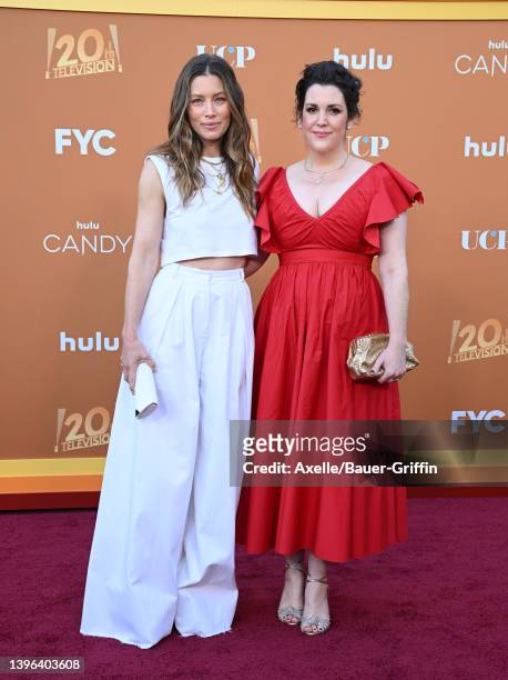 Jessica Biel and Melanie Lynskey attend the Los Angeles Premiere FYC Event for Hulu's "Candy" at El Capitan Theatre on May 09, 2022 in Los Angeles,...