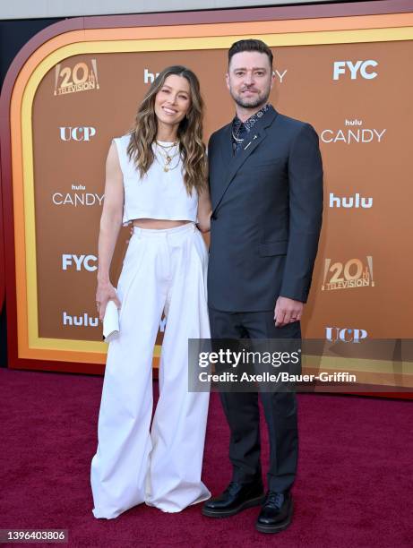 Jessica Biel and Justin Timberlake attend the Los Angeles Premiere FYC Event for Hulu's "Candy" at El Capitan Theatre on May 09, 2022 in Los Angeles,...