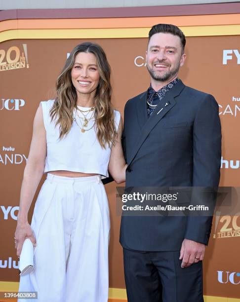 Jessica Biel and Justin Timberlake attend the Los Angeles Premiere FYC Event for Hulu's "Candy" at El Capitan Theatre on May 09, 2022 in Los Angeles,...