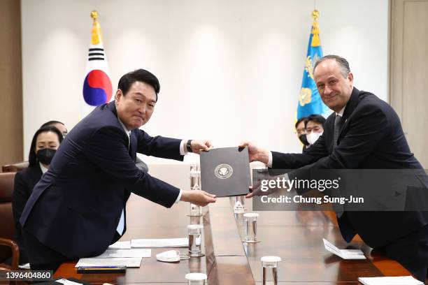 Second gentleman Douglas Emhoff deliver U.S. President Joe Biden's personal letter to South Korean President Yoon Suk-Yeol during a meeting at new...