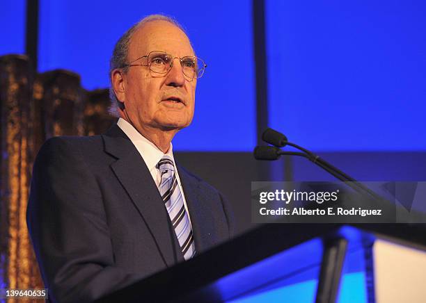 Senator George Mitchell speaks onstage at the 7th Annual "Oscar Wilde: Honoring The Irish In Film" Pre-Academy Awards Event at Bad Robot on February...