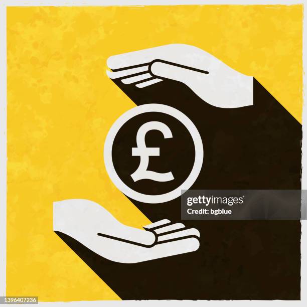 pound coin between hands. icon with long shadow on textured yellow background - copper texture background stock illustrations