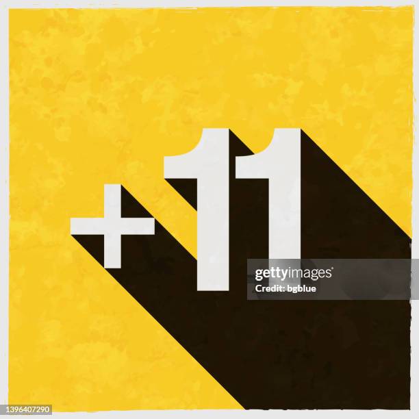 +11, plus eleven. icon with long shadow on textured yellow background - eleventh stock illustrations