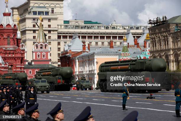 Military vehicles attend the Victory Day military parade at Red Square on May 9, 2022 in Moscow, Russia.