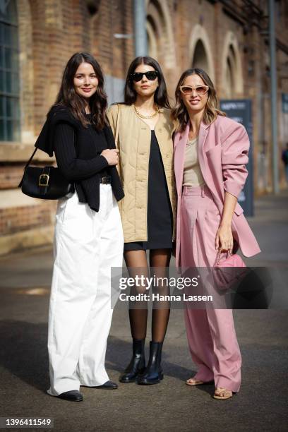 Elenor Pendleton wearing The Frankie Shop outfit, Bulgari pink clutch outside Oroton show at Afterpay Australian Fashion Week 2022 on May 10, 2022 in...