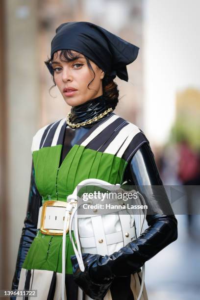 Fleur Egan wearing Tory Burch dress and Ferragamo bag and shoes at Afterpay Australian Fashion Week 2022 on May 10, 2022 in Sydney, Australia.