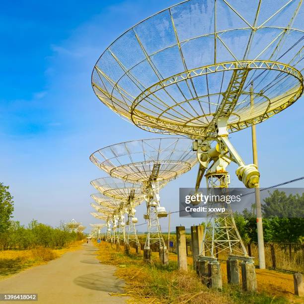 piccola parabola satellitare bianca sotto il cielo - satellite dish foto e immagini stock