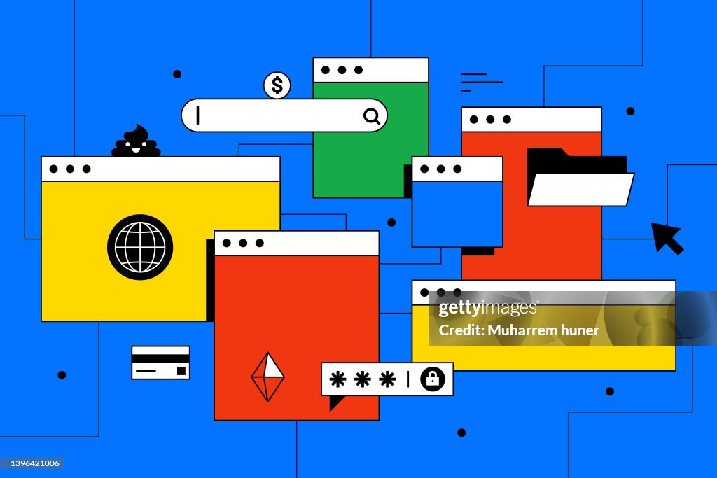 Browser pop-ups vector illustration. Surfing the Internet.