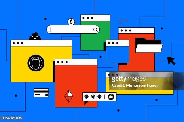 browser pop-ups vector illustration. surfing the internet. - searching stock illustrations