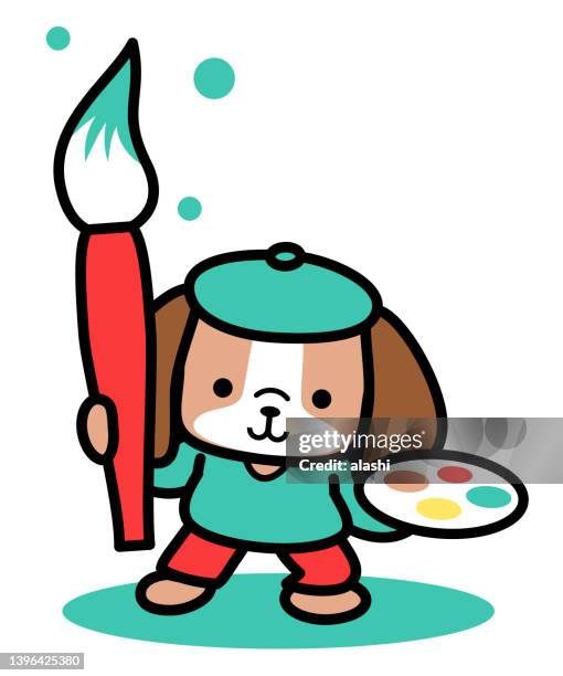 a cute dog artist wearing a beret and holding a watercolor brush and palette - kawaii stock illustrations