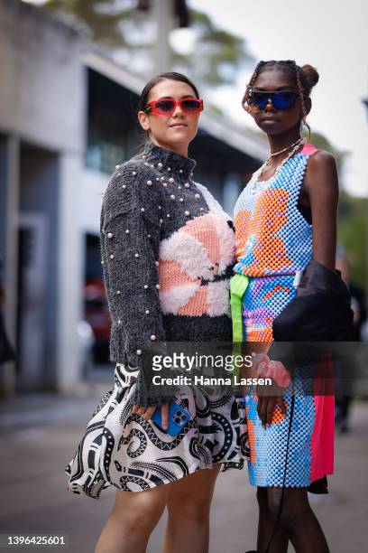 Cindy Rostron wearing Erik Yvon and Djirri Desmond-Webb wearing Erik Yvon outfit at Afterpay Australian Fashion Week 2022 on May 10, 2022 in Sydney,...