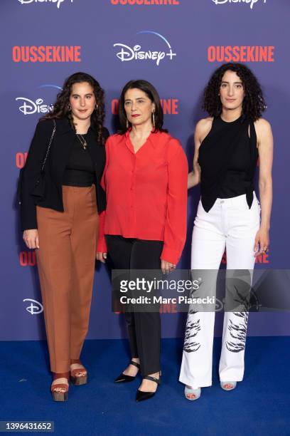 Lina Soualem, Hiam Abbas and Mouna Soualem attend the "Oussekine" photocall at Le Grand Rex on May 09, 2022 in Paris, France.