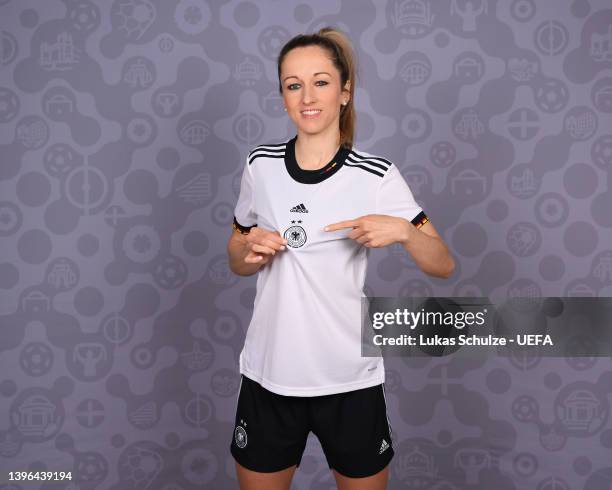 Kathrin Hendrich of Germany poses for a portrait during the official UEFA Women's Euro 2022 portrait session on April 04, 2022 in Rheda-Wiedenbruck,...