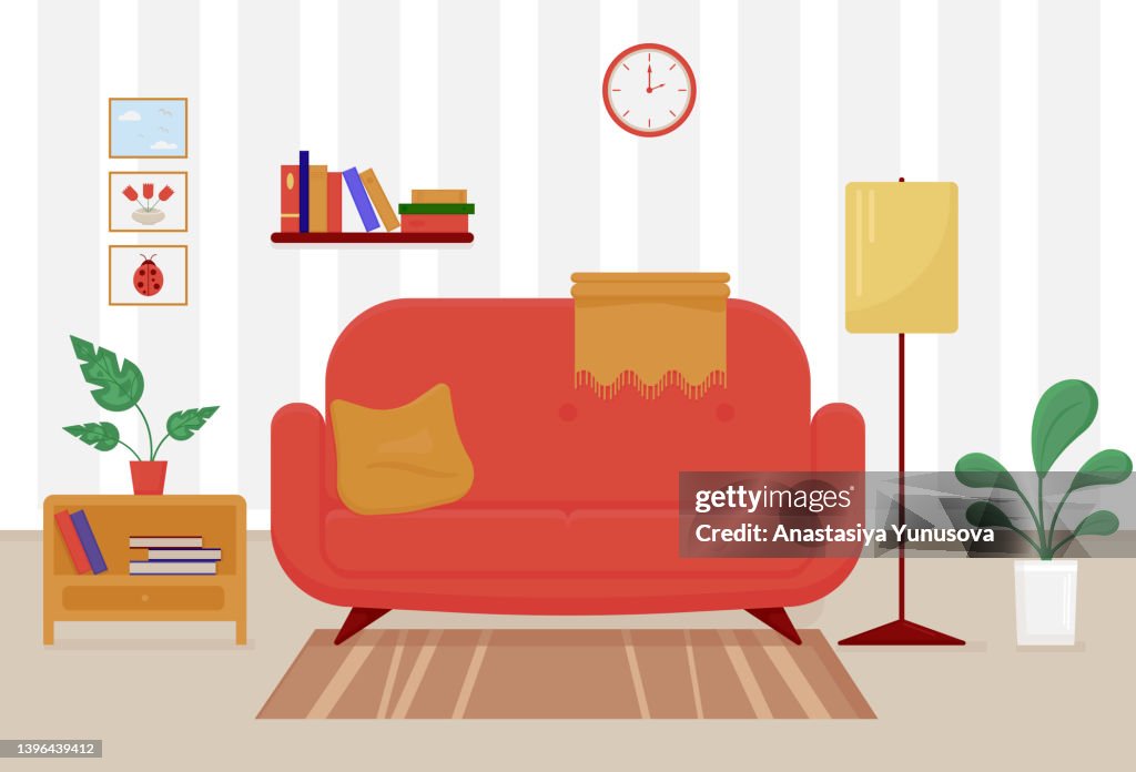 Cozy living room interior with red sofa, bookshelf, floor lamp and plants.Vector illustration in cute flat style