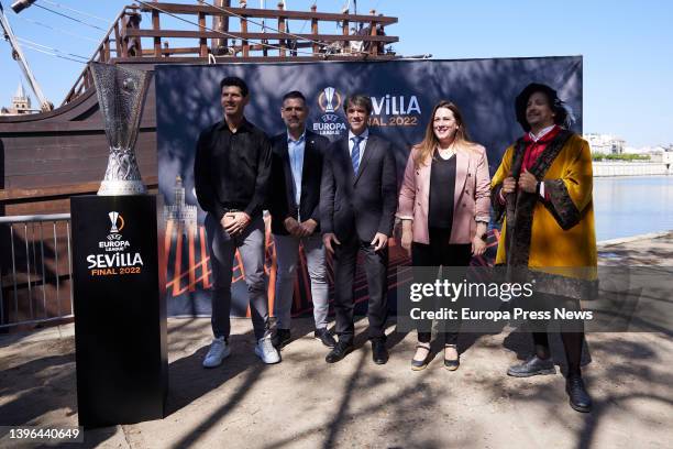 Seville City Council Sports Delegate, David Guevara, poses with UEFA Ambassador, Andres Palop, and former footballer, Albert Luque, during the...