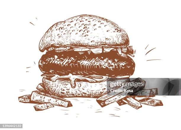 burger und pommes menü skizze - cheeseburger and fries stock-grafiken, -clipart, -cartoons und -symbole