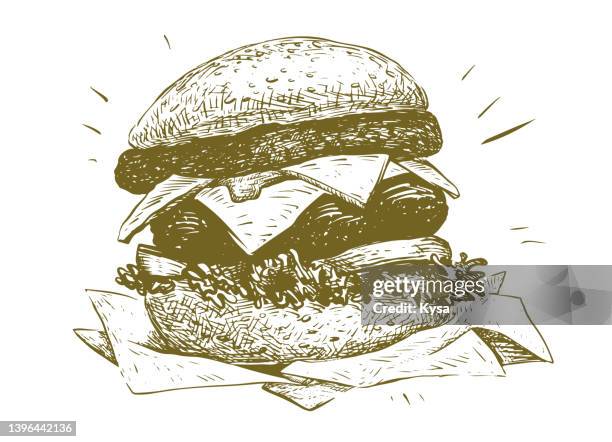 cheeseburger drawing - delicatessen stock illustrations