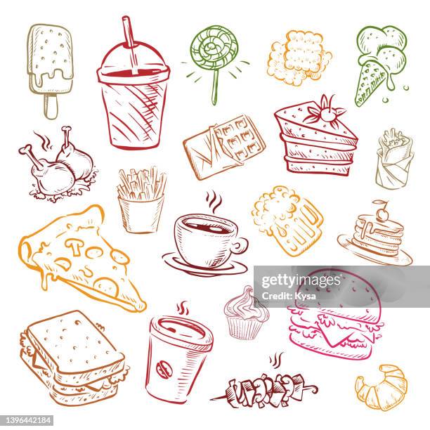 fast food doodles - vector cheese and crackers stock illustrations