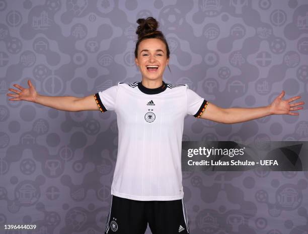 Lina Magull of Germany poses for a portrait during the official UEFA Women's Euro 2022 portrait session on April 04, 2022 in Rheda-Wiedenbruck,...