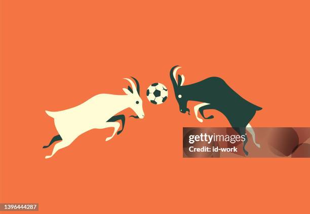 stockillustraties, clipart, cartoons en iconen met two goats heading soccer ball - geit