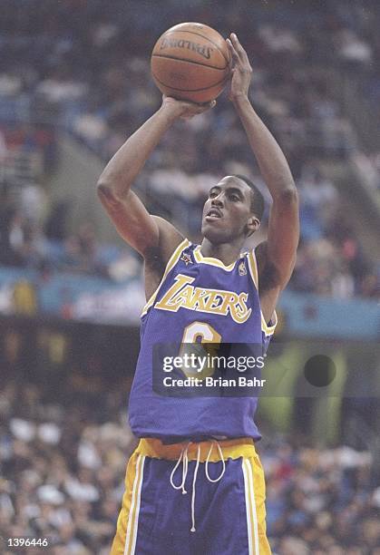 Guard Eddie Jones of the Los Angeles Lakers shoots the ball during the NBA All-Star Game at the Gund Arena in Cleveland, Ohio. The East won the game...