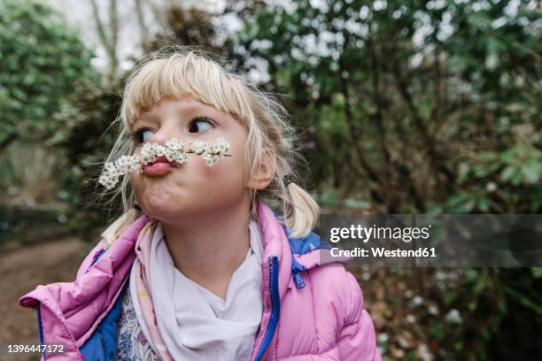 cute girl making mustache with white flowers - 5 funny stockfoto's en -beelden