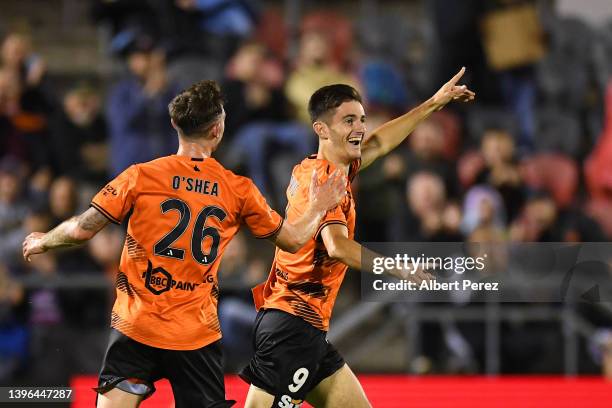 Luke Ivanovic of the Roar celebrates scoring a goal during the A-League Men's match between Brisbane Roar and Sydney FC at Moreton Daily Stadium, on...