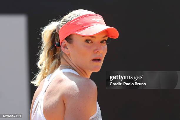 Tereza Martincova of Czech Republic reacts in her women's singles first round match against Amanda Anisimova of the United States during day three of...