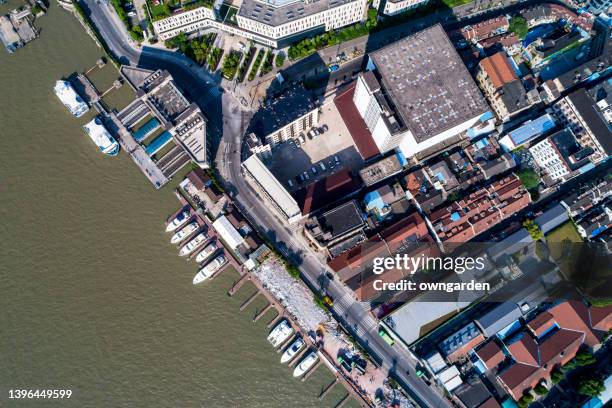 aerial drone view of luxury yacht marina - spartan cruiser stock pictures, royalty-free photos & images