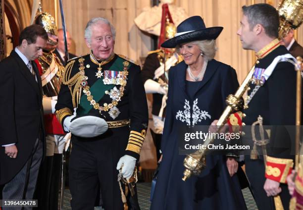 Prince Charles, Prince of Wales and Camilla, Duchess of Cornwall depart from the Sovereign's Entrance after attending the State Opening of Parliament...