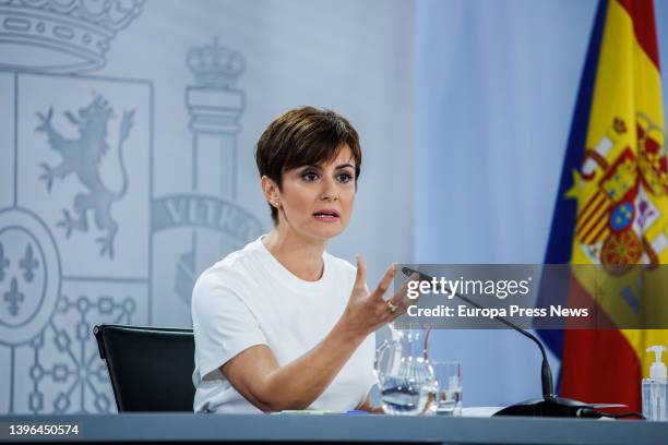 The Minister of Territorial Policy and Spokesperson of the Spanish Government, Isabel Rodriguez, speaks at a press conference after the meeting of...