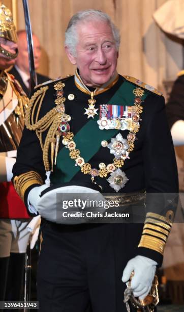 Prince Charles, Prince of Wales departs from the Sovereign's Entrance after attending the State Opening of Parliament at Houses of Parliament on May...