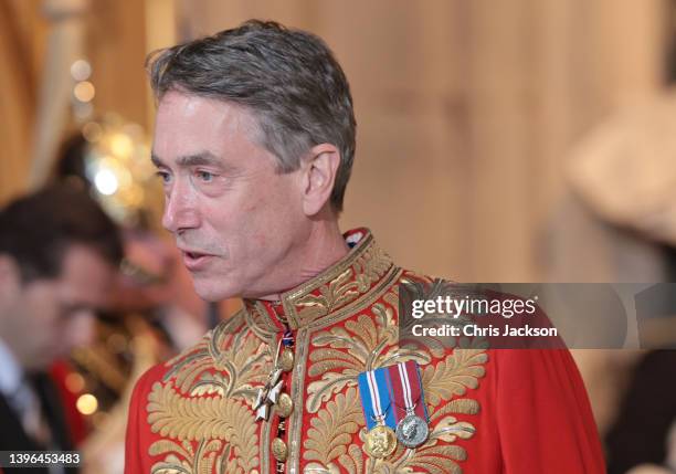 David Cholmondeley, 7th Marquess of Cholmondeley departs from the Sovereign's Entrance after attending the State Opening of Parliament at Houses of...