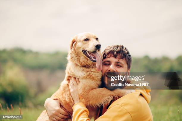 guy and his dog, golden retriever, nature - dog portrait stockfoto's en -beelden