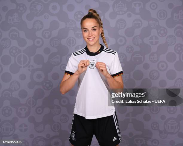 Giulia Gwinn of Germany poses for a portrait during the official UEFA Women's Euro 2022 portrait session on April 04, 2022 in Rheda-Wiedenbruck,...