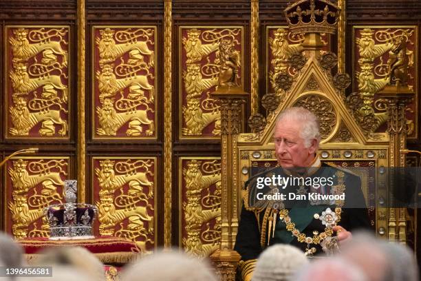 Prince Charles, Prince of Wales looks towards the Imperial State Crown as he delivers the Queen’s Speech during the state opening of Parliament at...