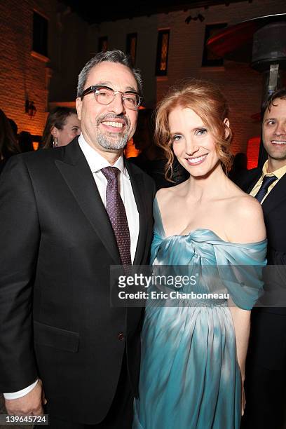 Michael Barnathan and actress Jessica Chastain attend The Hollywood Reporter Nominees' Night 2012 Celebrating The Nine Best Pictures Nominees held at...