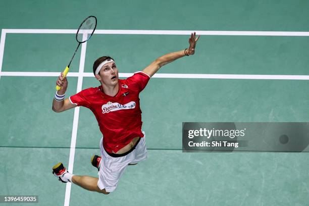 Viktor Axelsen of Denmark competes in the Men's Single match against Toma Junior Popov of France during day three of the BWF Thomas and Uber Cup...