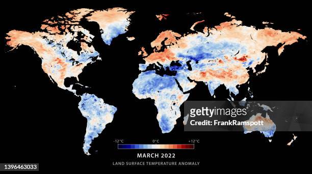 world map land surface temperature anomaly march 2022 - global climate change stock illustrations
