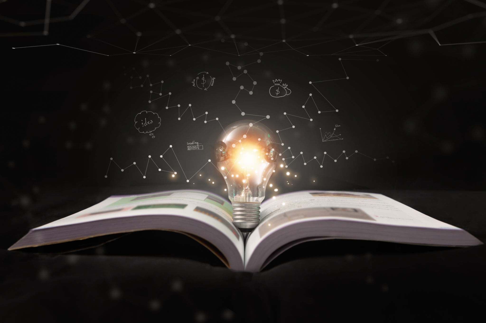 Light bulbs glowing with book. The idea of reading books, knowledge and searching for new ideas. Light bulbs glowing with book. The idea of reading books, knowledge and searching for new ideas.