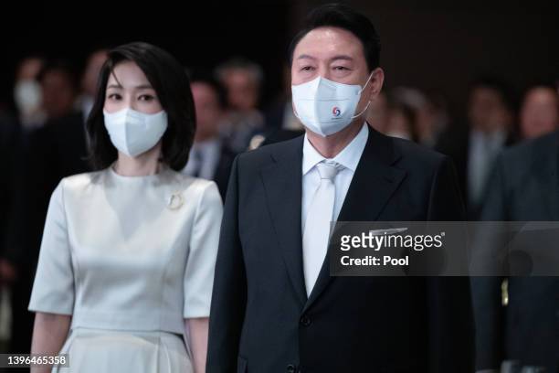 South Korean President Yoon Suk-yeol and his wife Kim Keon-hee attend an inaugural dinner at a hotel, after his inauguration ceremony at the new...
